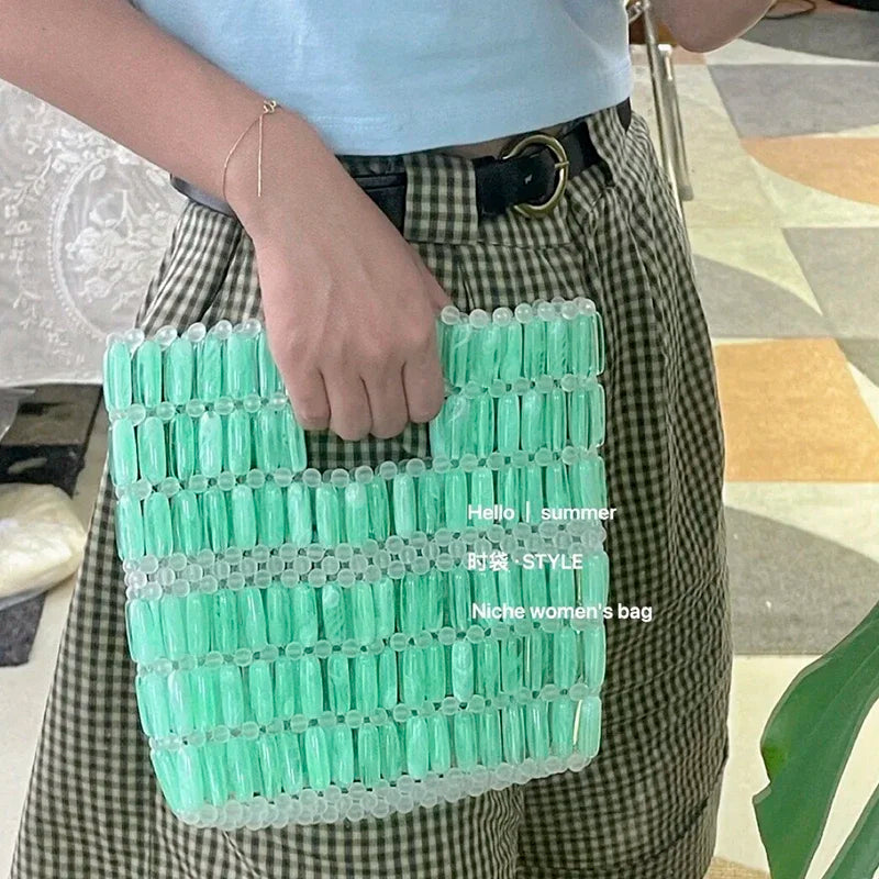 Summer Small Fresh Women's Bag Customized Crystal Bags New Fashion INS Handmade Acrylic Beaded Transparent Panel Green Handbag