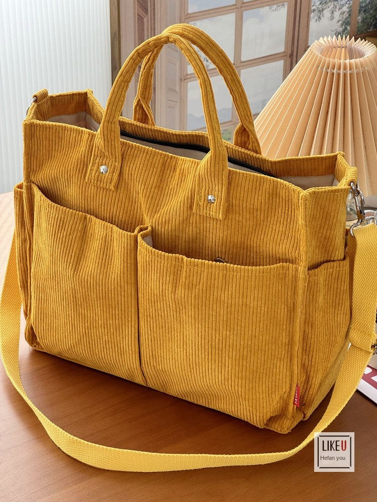 Autumn Winter Multi-Pocket Thick Corduroy Simple Commuter Tote Student Leisure Literary Handbag Shoulder Bag