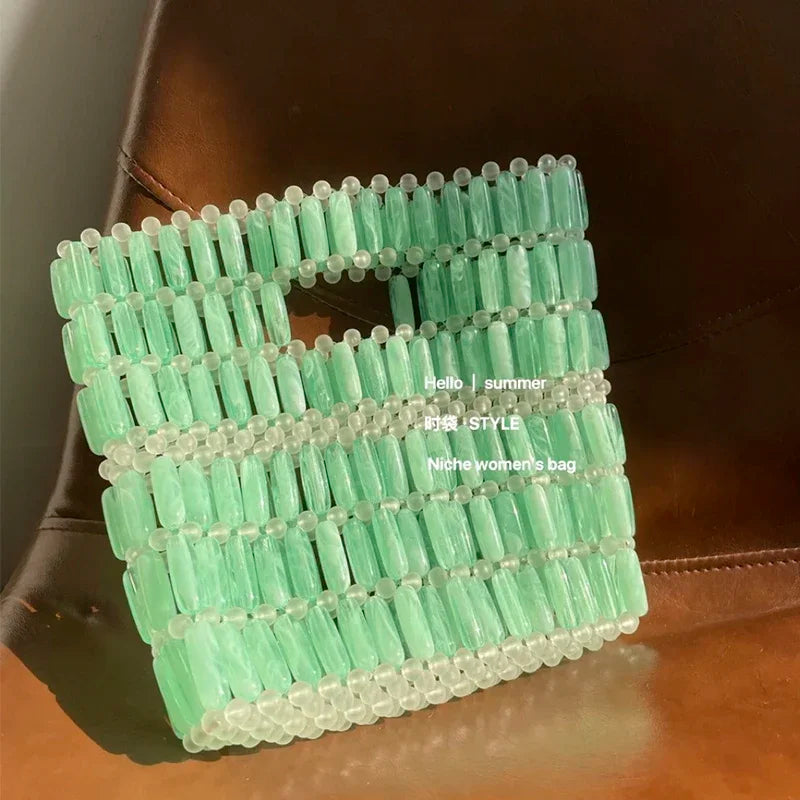 Summer Small Fresh Women's Bag Customized Crystal Bags New Fashion INS Handmade Acrylic Beaded Transparent Panel Green Handbag