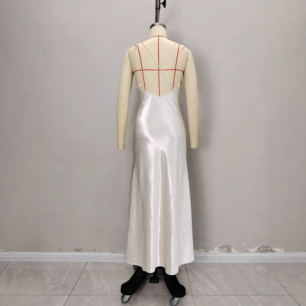 V-neck backless solid color long dress