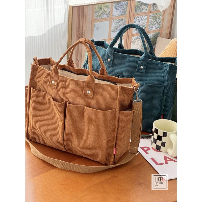 Autumn Winter Multi-Pocket Thick Corduroy Simple Commuter Tote Student Leisure Literary Handbag Shoulder Bag