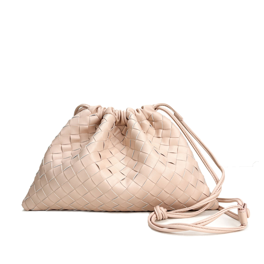 Elegant Fashion Genuine Leather Quilted Shoulder Crossbody Magnetic Snap Drawstring Closure Woven Clutch Bag
