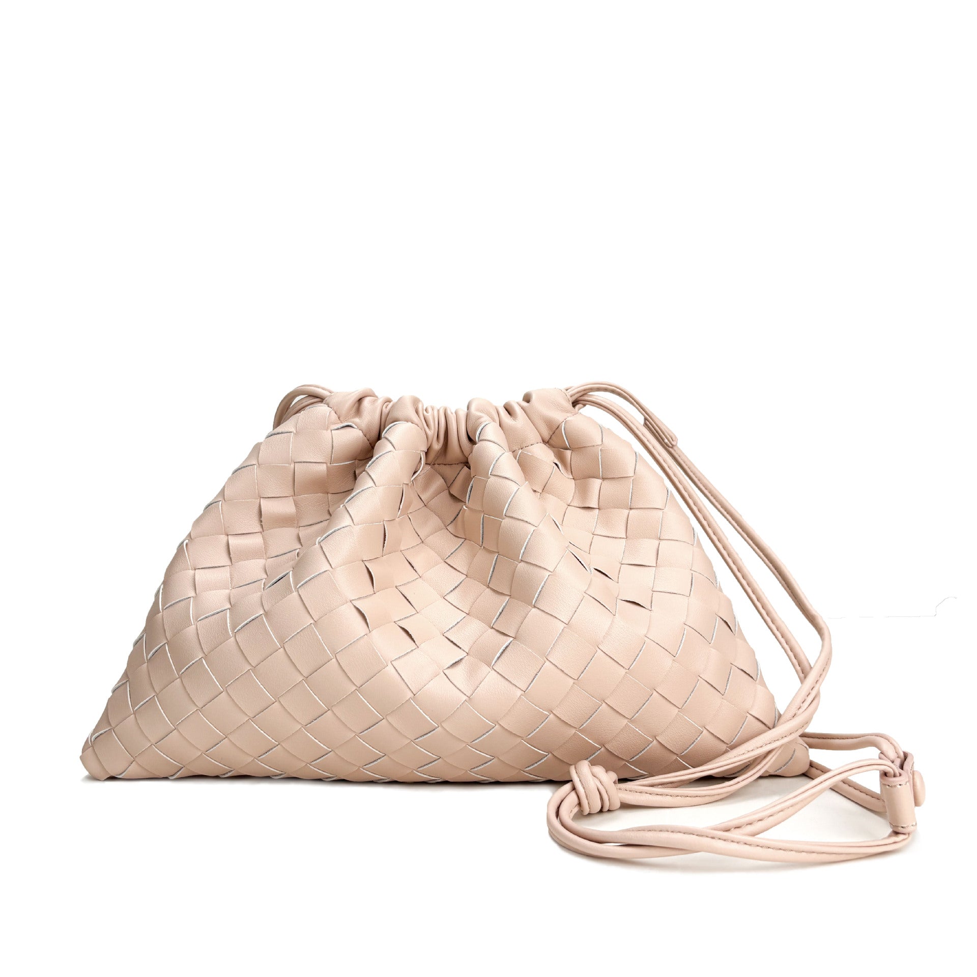 Elegant Fashion Genuine Leather Quilted Shoulder Crossbody Magnetic Snap Drawstring Closure Woven Clutch Bag