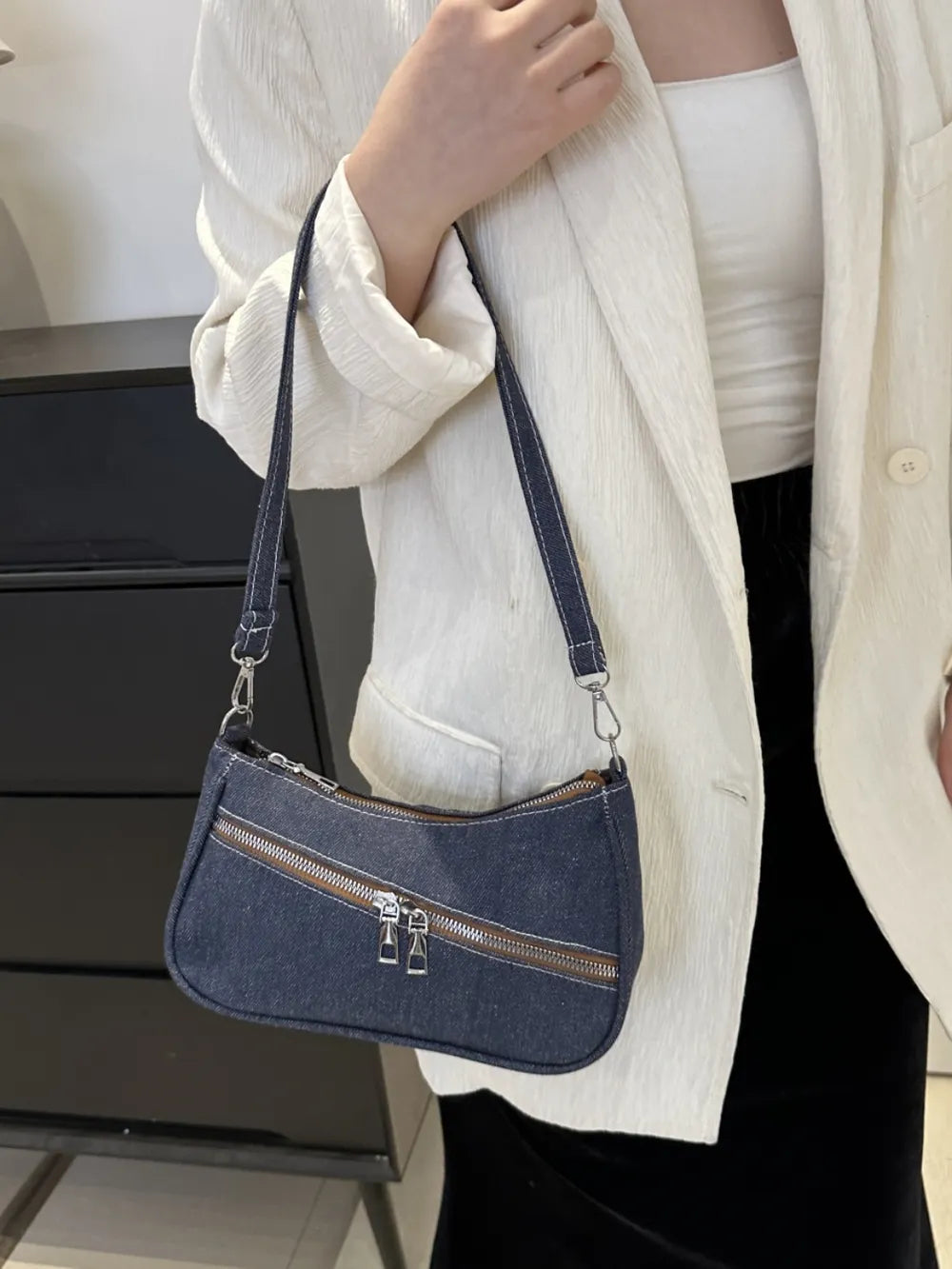 Denim Shoulder Bag with Zip