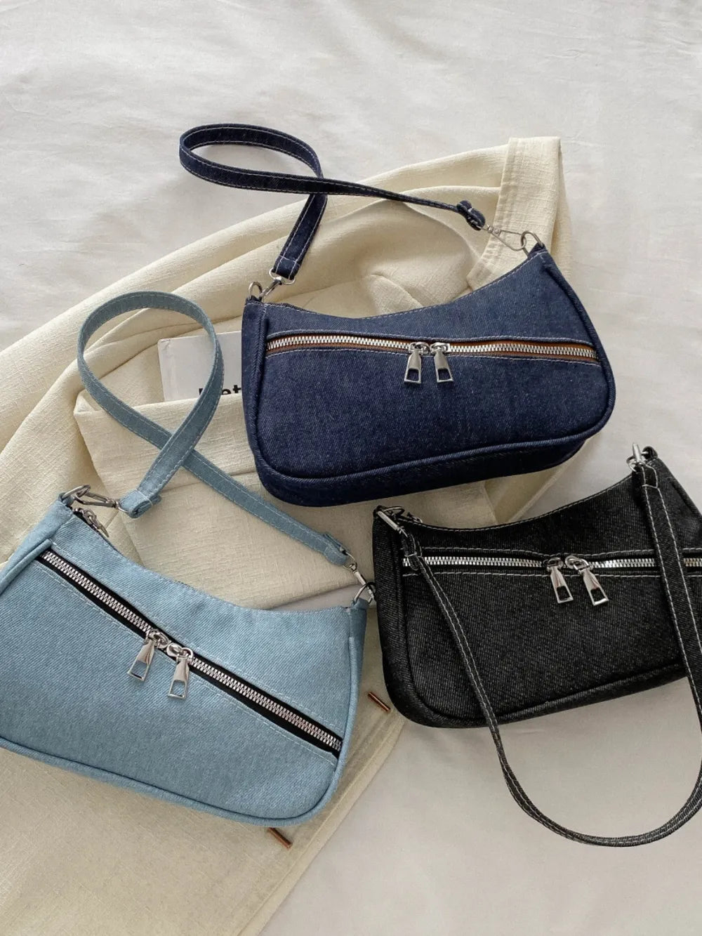 Denim Shoulder Bag with Zip