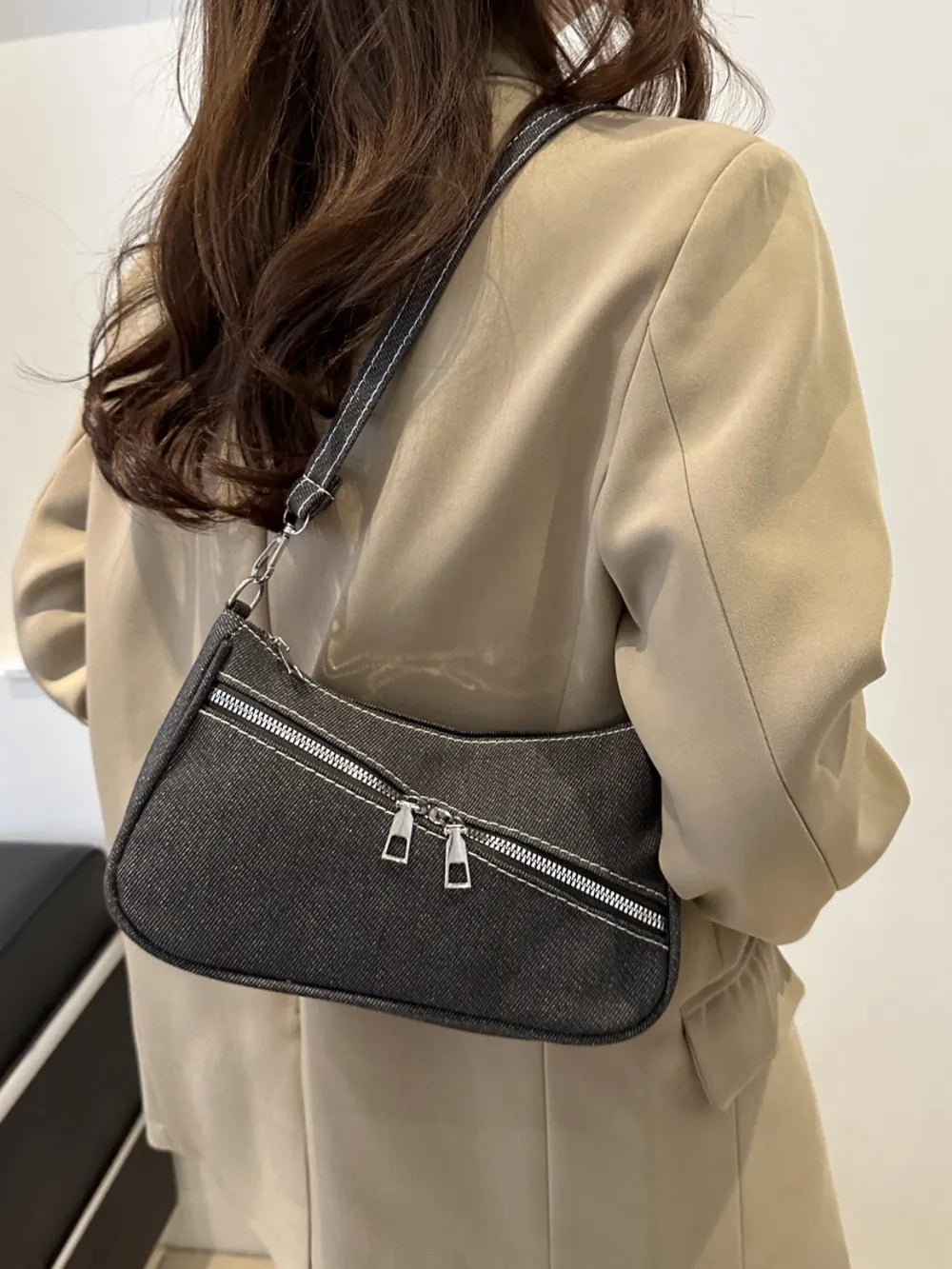 Denim Shoulder Bag with Zip