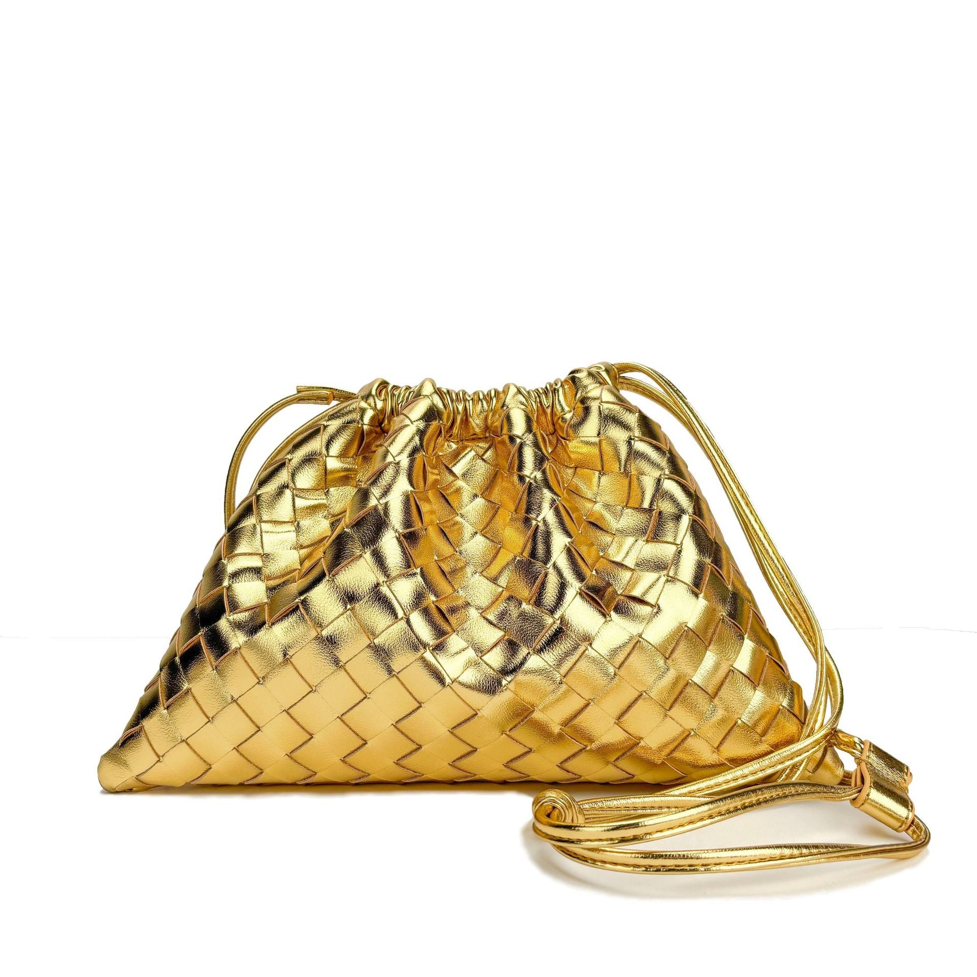 Elegant Fashion Genuine Leather Quilted Shoulder Crossbody Magnetic Snap Drawstring Closure Woven Clutch Bag