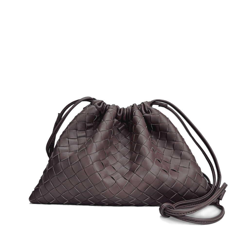 Elegant Fashion Genuine Leather Quilted Shoulder Crossbody Magnetic Snap Drawstring Closure Woven Clutch Bag