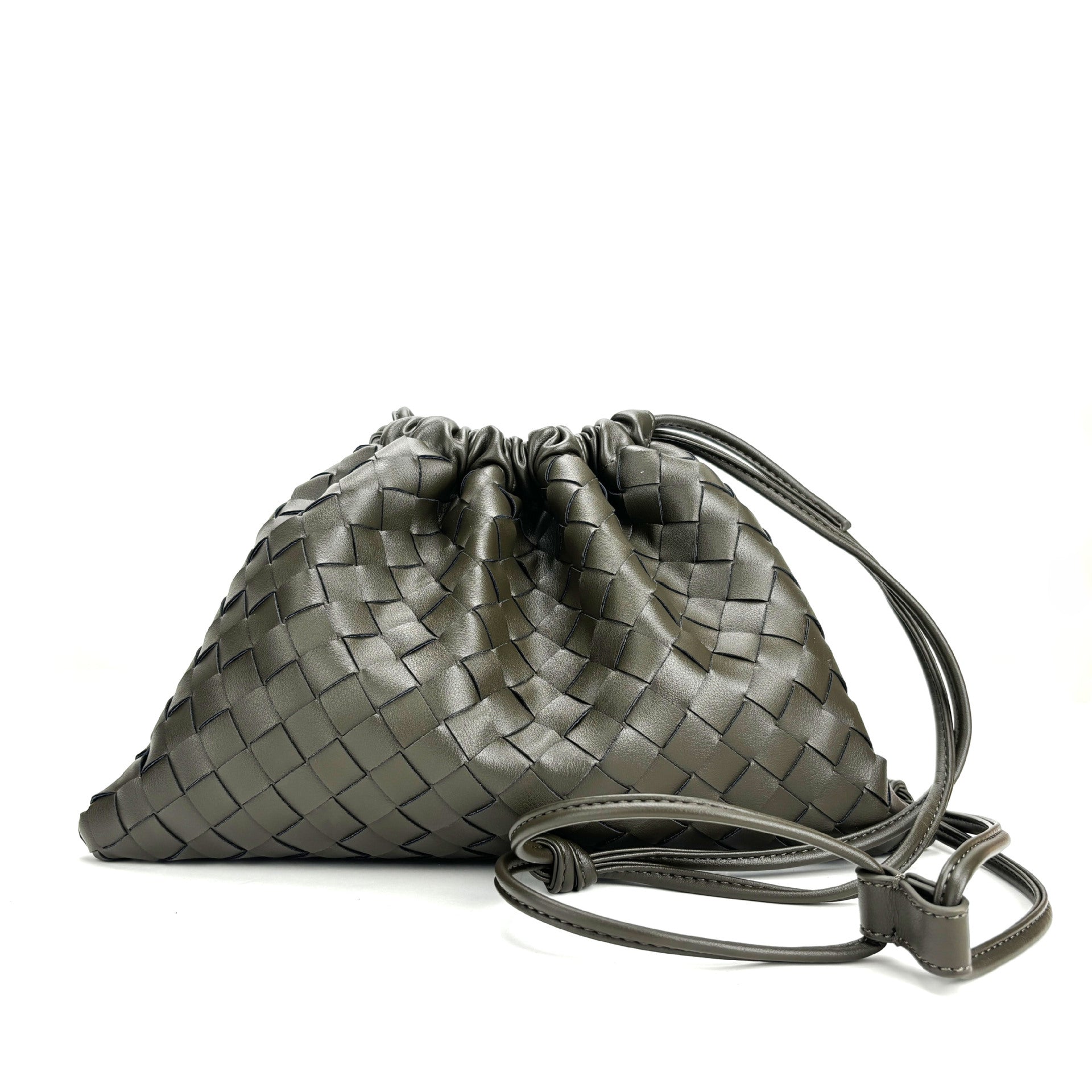 Elegant Fashion Genuine Leather Quilted Shoulder Crossbody Magnetic Snap Drawstring Closure Woven Clutch Bag