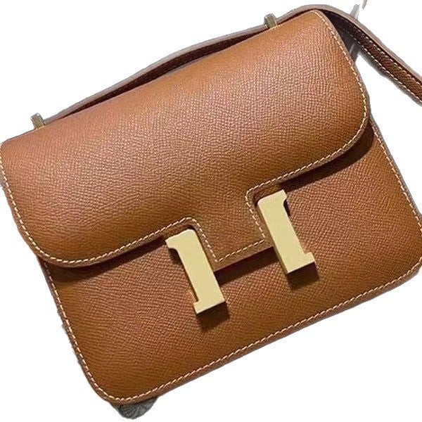 Cross-Border Exclusive H Brand Kangkang Bag Genuine Leather Flight Attendant Bag with Logo Single Shoulder Crossbody Small Square Bag Cowhide Bag